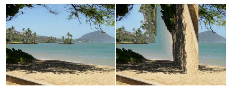Original picture (left) and mirrored around the diagonal line with copying from bottom left to top right (right)