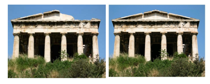 Greek temple before (left) and after (right) mirroring the pediment