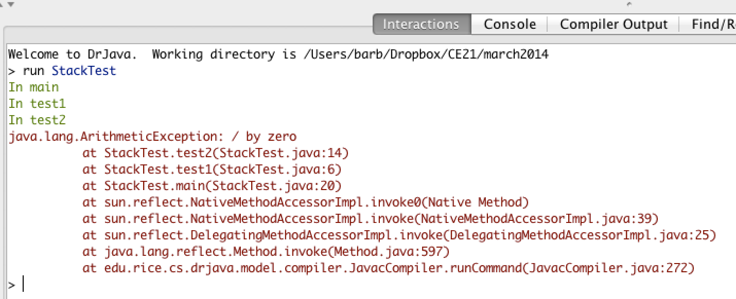 A call stack in DrJava with a run-time error