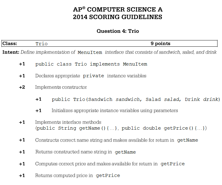 The grading rubric for the Trio class problem.